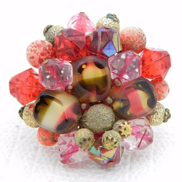 VTG WESTERN GERMANY Gold Tone Pink Red Glass Bead - Picture 1 of 5